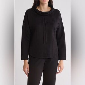 Max Studio Funnel Neck Waffle Knit Black Pullover with Drawstring